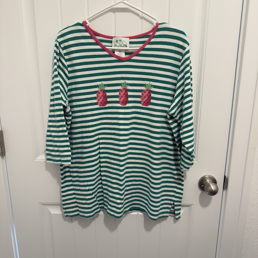 The Quacker Factory Women's Vintage Shirt Green White Stripe Pineapple Sz L